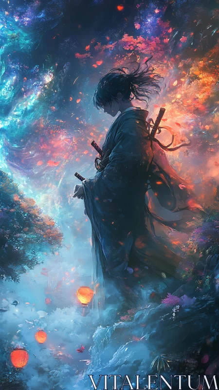 Starlit ronin drifting between nebula skies and lantern mist.