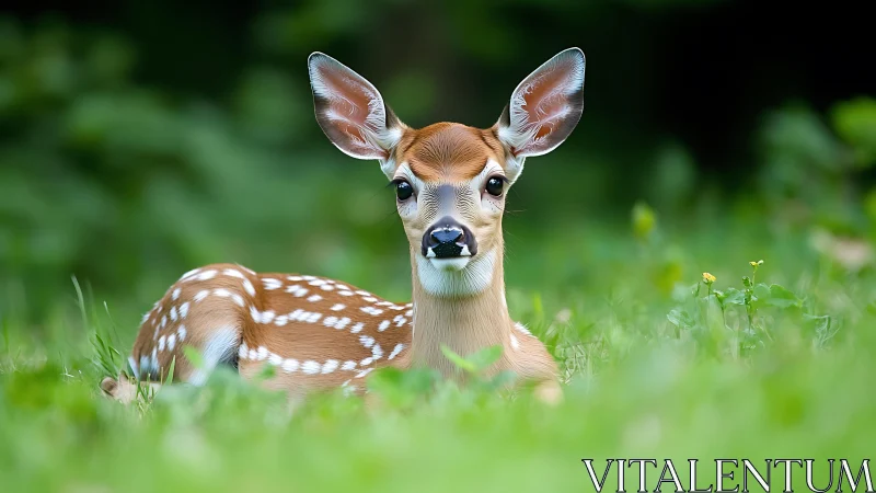 Quiet forest daydream pauses in the eyes of a resting fawn