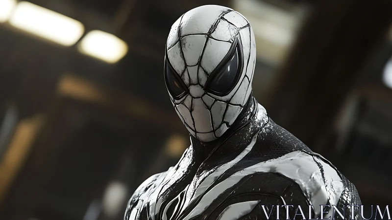 Black and white armored spider hero suit under soft light.