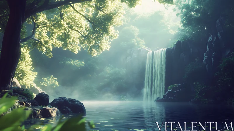 Ethereal Waterfall in Ancient Forest Ravine with Cascading Light