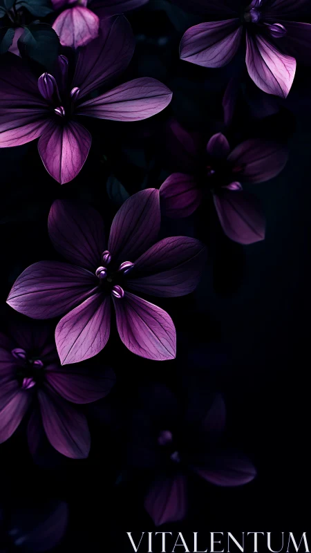 Purple Flowers Against Dark Background.