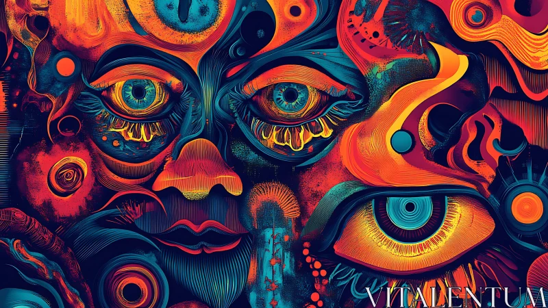 Layered abstract faces with multiple eyes in vivid colors.