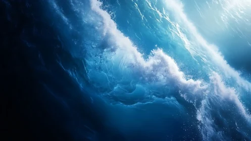 Dynamic close-up of crashing blue ocean wave in motion.