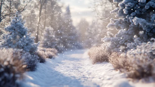 Snow covered forest path lined with frosted evergreen trees.