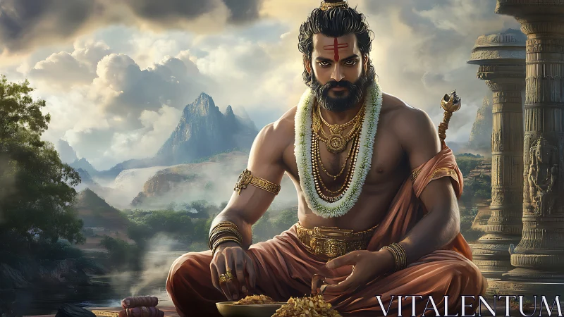 Mythic sage distributing coins in hyper-detailed temple vista.