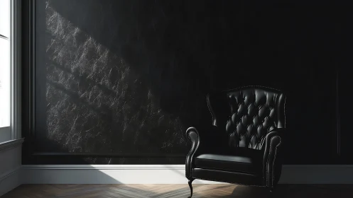 Cozy black leather armchair basking in gentle morning light.