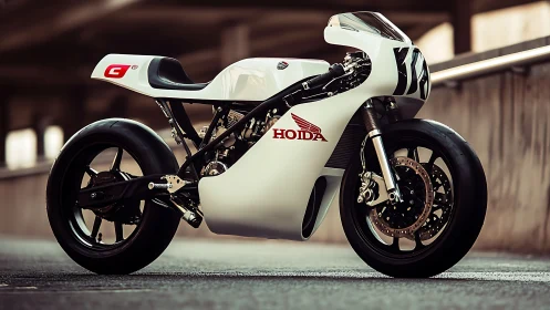 Custom white racing motorcycle displayed on urban pavement