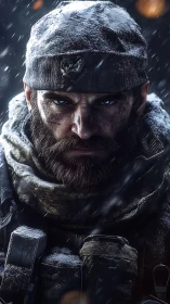 Battle-hardened winter soldier under harsh snowfall.