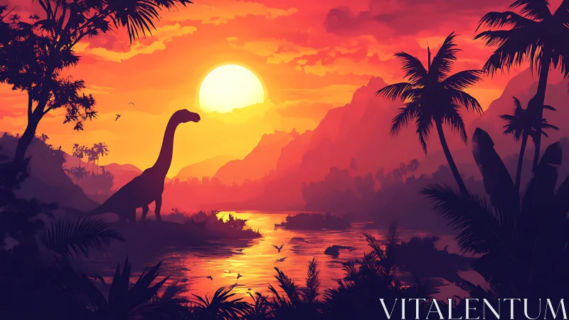 Silhouetted sauropod in saturated triadic sunset jungle environment