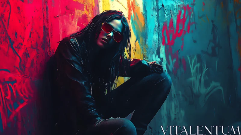 Electric alley rebel rests in neon shadows with quiet defiance