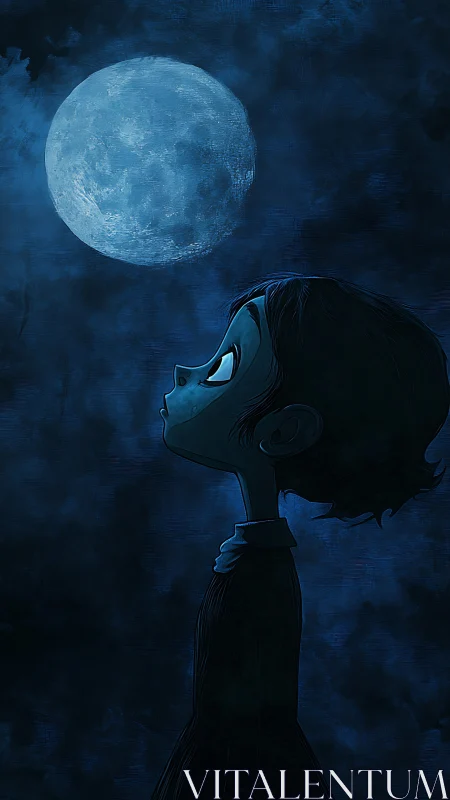 Cartoon child in profile gazing at full moon in night sky.