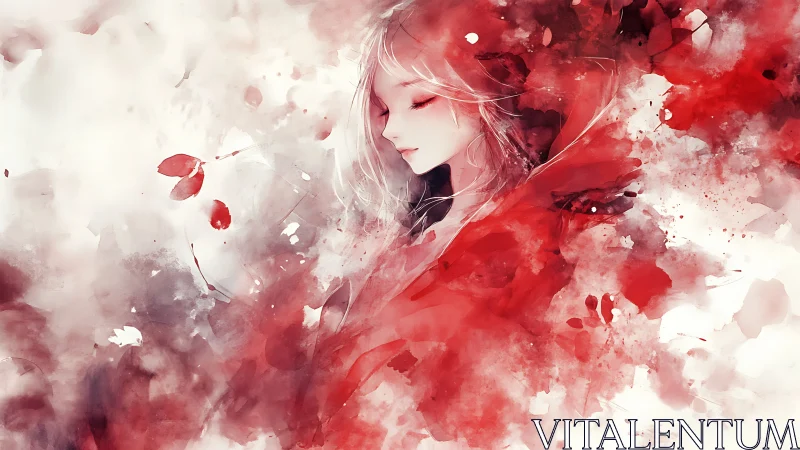 Scarlet daydream girl dissolving into watercolor whispers.