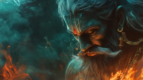 Firelit sage in shimmering teal mist and quiet resolve.