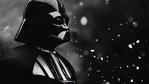 Masked dark figure stands in drifting snow against void