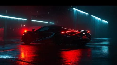 Sports car silhouette in rainy neon lit parking structure
