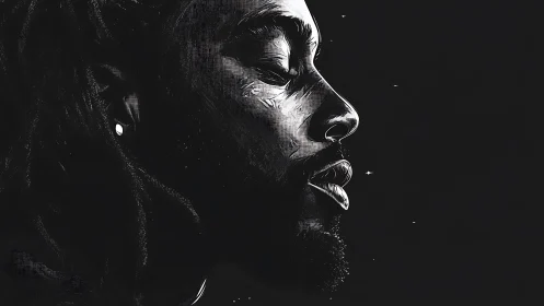 Side-lit profile portrait isolates serene male face in dark