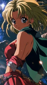 Anime heroine gazes back against a glowing cosmic sky