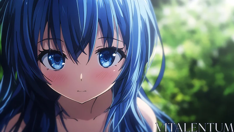 Blue haired anime girl portrait is shown in close focus