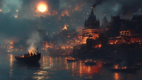Moonlit river of embers beside a burning temple city.