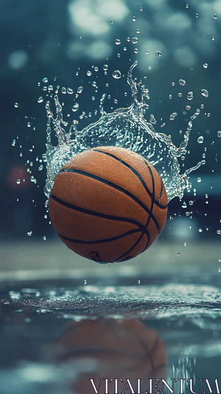 Basketball splashing through water on wet outdoor court.