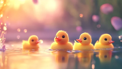 Cute yellow ducklings swimming in soft sunset light.