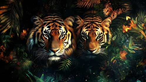Two Tigers Among Flowers and Butterflies in Jungle Shadows