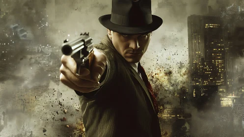Noir gunman aims pistol amid exploding cityscape.