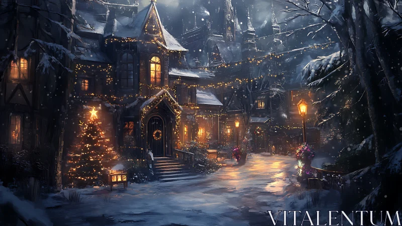 Nocturnal snowlit village street with luminous festive decor.
