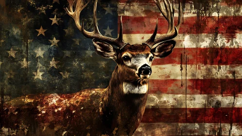 Deer with large antlers against distressed US flag backdrop.