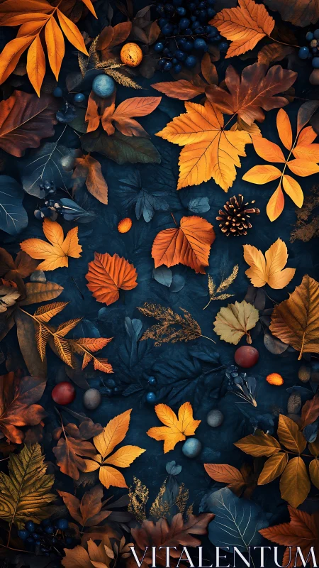 Golden autumn leaves drift gently across deep blue shadows