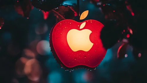 Glowing tech-apple lantern dripping with midnight rain.