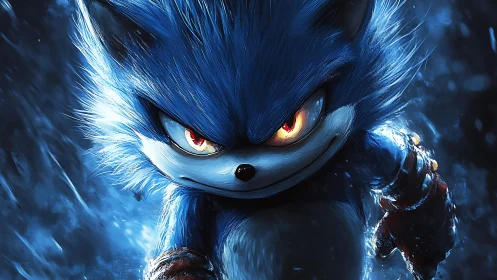 Blue anthropomorphic hedgehog in dynamic frontal view.
