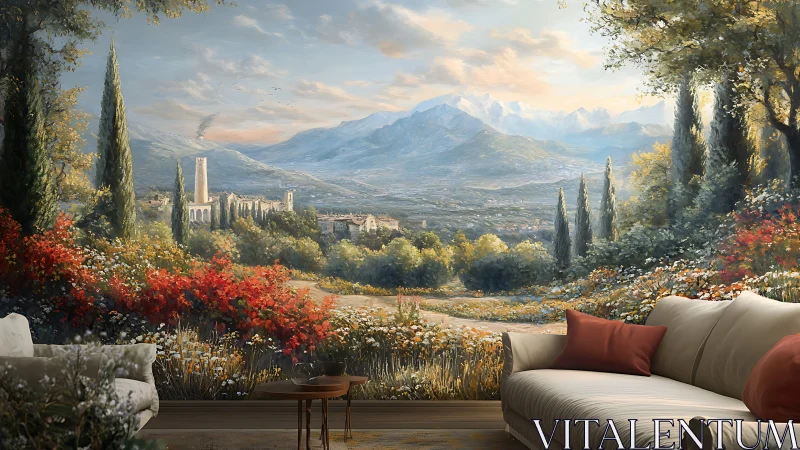 Interior seating area faces large mural of idealized landscape