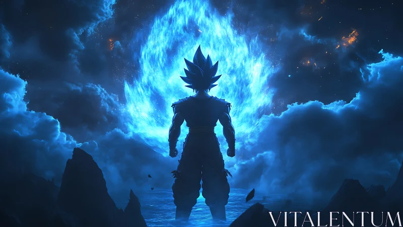 Silhouetted fighter stands before concentrated blue energy field