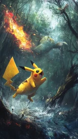 Pikachu charging through stormy forest battle scene
