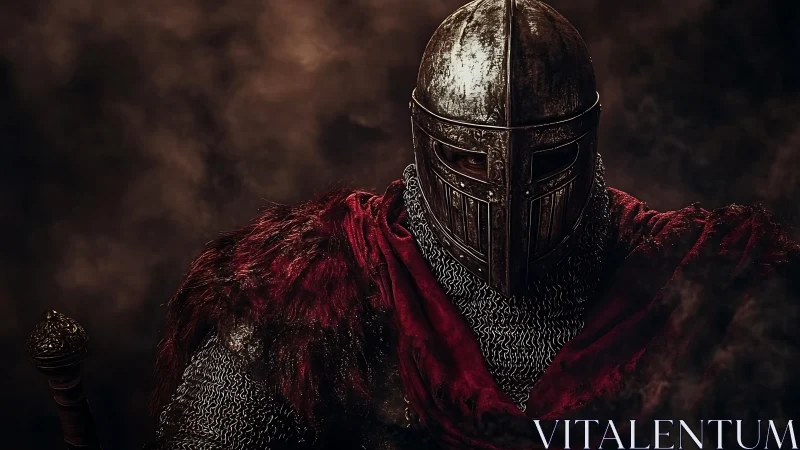 Armored medieval knight in chainmail, fur mantle, red cloak