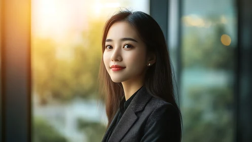 Confident young businesswoman in modern office at sunset, portrait.
