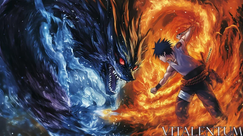 Human figure confronting elemental dragon in swirling firestorm.