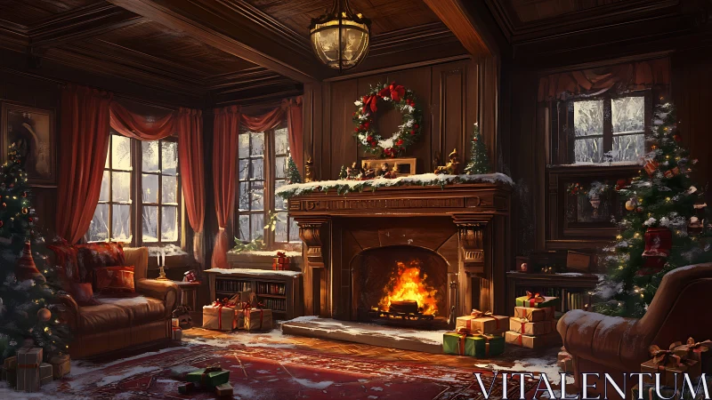 Cozy wood-paneled living room glows with festive fireplace