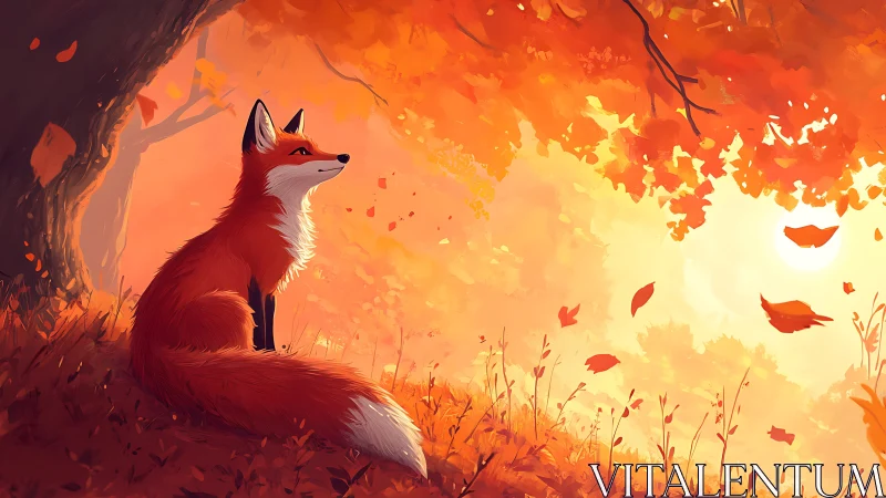 Red fox under autumn tree in warm orange landscape.
