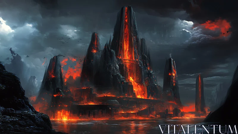 Volcanic fortress structure rises amid molten rock flows