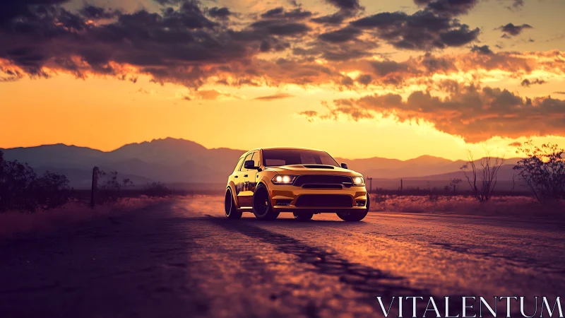 Muscle car cuts through desert highway under blazing sunset