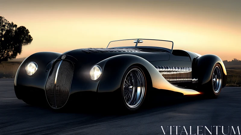 Streamlined black roadster under cinematic sunset lighting.