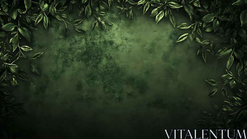 Emerald foliage frame surrounds textured green backdrop.