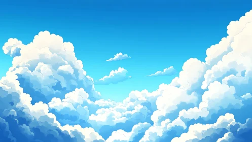 Billowing cartoon clouds drift across a serene blue sky