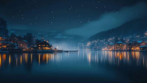 Midnight alpine lakeside village with glowing reflections.