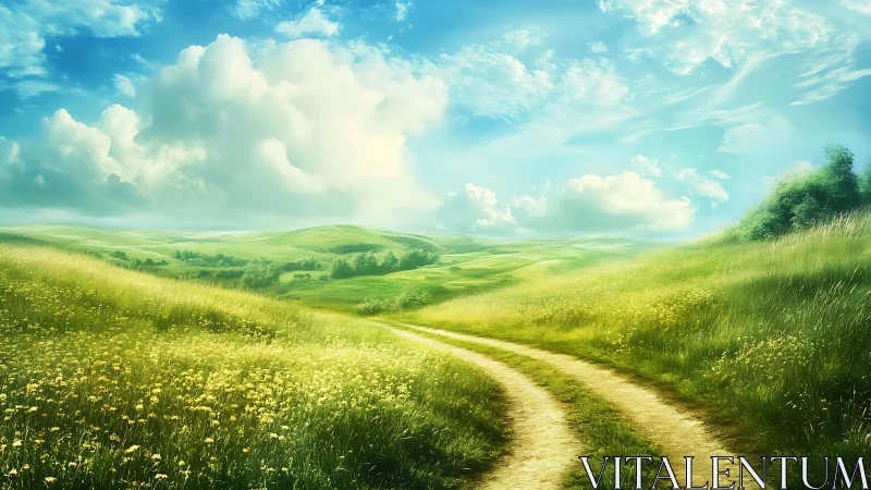 Curving dirt path through sunlit wildflower meadows under clouds