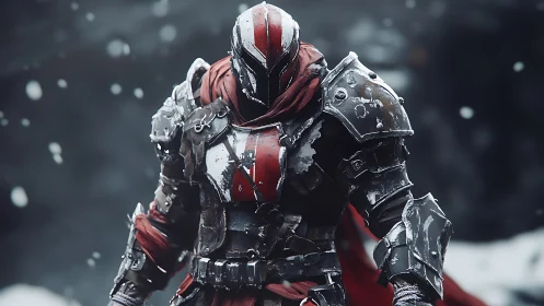 Crimson armored knight in blizzard with weathered steel plating.