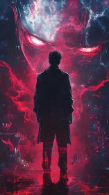 Backlit figure confronting colossal red spectral entity