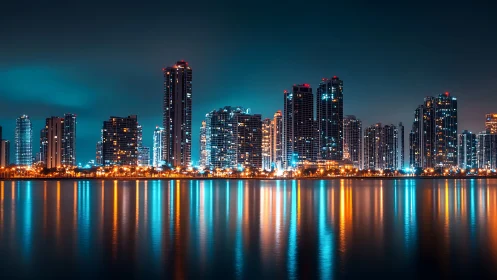 Long-exposure night skyline captures high-rise towers and neon reflections